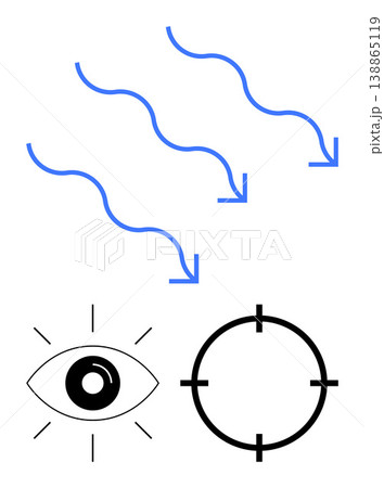 Vision, focus, decision-making, targeting, navigation, goal setting. Abstract image of downward arrows, an eye symbol and a target icon. Vision and targeting concept illustration 138865119