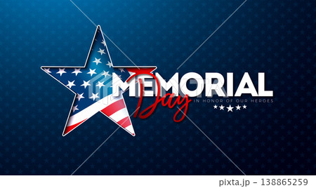Memorial Day of the USA Vector Illustration with American Flag in Text Label on Blue Background. National Veteran Patriotic Celebration Design with Typography Lettering for Banner, Flyer, Greeting Memorial Day of the USA Vector Illustration with American Flag in Text Label on Blue Background. National Veteran Patriotic Celebration Design with Typography Lettering for Banner, Flyer, Greeting 138865259