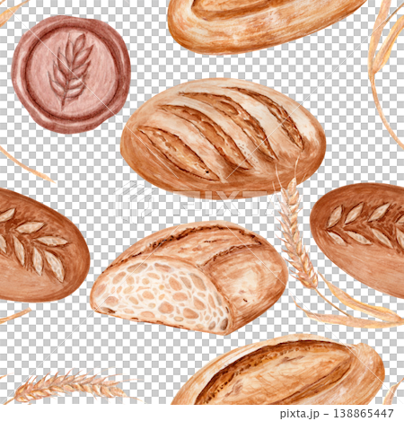 Watercolor seamless pattern with artisan bread, sourdough loaf, wheat ears, wax seals and crumbs. Rustic bakery background in warm tones, ideal for packaging, branding, wrapping paper and textile 138865447