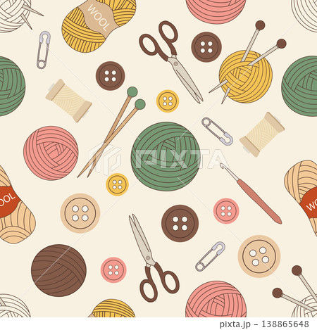 A seamless pattern with various sewing and knitting supplies like yarn balls, needles, buttons, scissors, and thread A seamless pattern with various sewing and knitting supplies like yarn balls, needles, buttons, scissors, and thread 138865648