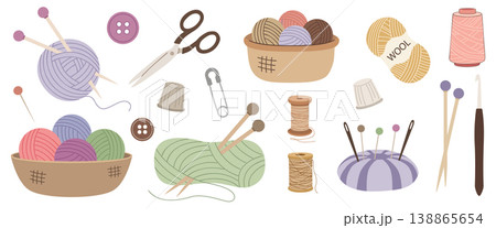 Crafting set with colorful yarn balls knitting needles scissors and sewing accessories 138865654