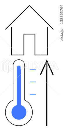Energy efficiency, housing, heating systems, climate change, temperature monitoring, environmental impact. Thermometer and house with an upward arrow. Energy efficiency and housing concept Energy efficiency, housing, heating systems, climate change, temperature monitoring, environmental impact. Thermometer and house with an upward arrow. Energy efficiency and housing concept 138865764