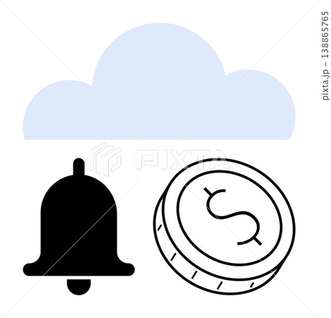 Cloud computing, financial notifications, saving money, online services, digital economy, fintech. A cloud with a bell and dollar coin. Cloud computing and financial notifications concept Cloud computing, financial notifications, saving money, online services, digital economy, fintech. A cloud with a bell and dollar coin. Cloud computing and financial notifications concept 138865765