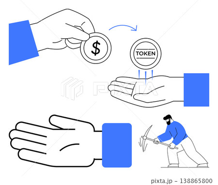 Cryptocurrency, blockchain technology, digital payments, token mining, financial transactions, fintech. Coin exchange, token transfer and worker mining with a pickaxe. Cryptocurrency and blockchain Cryptocurrency, blockchain technology, digital payments, token mining, financial transactions, fintech. Coin exchange, token transfer and worker mining with a pickaxe. Cryptocurrency and blockchain 138865800