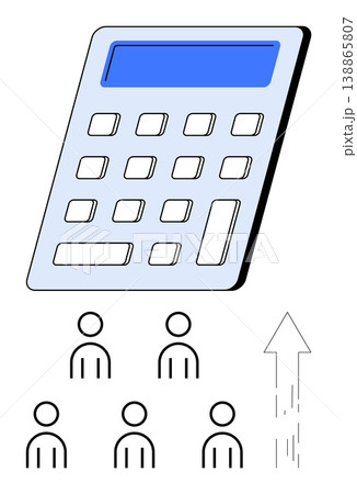 Business strategy, team efficiency, financial growth, workplace productivity, profit calculation, investment analysis. A calculator above a group of people with an upward arrow. Financial growth 138865807