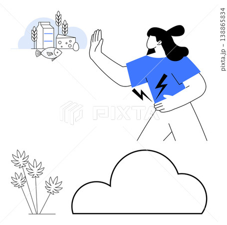 Dietary restrictions, health awareness, allergies, food intolerance, nutrition, healthy living. A woman gesturing to avoid fish, milk and wheat. Dietary restrictions and health awareness concept Dietary restrictions, health awareness, allergies, food intolerance, nutrition, healthy living. A woman gesturing to avoid fish, milk and wheat. Dietary restrictions and health awareness concept 138865834