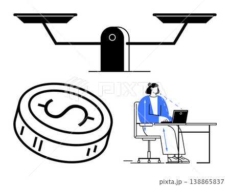 Remote work, financial planning, digital economy, equity, productivity, business strategies. A balanced scale, dollar coin and person working at laptop. Financial planning and remote work concept 138865837