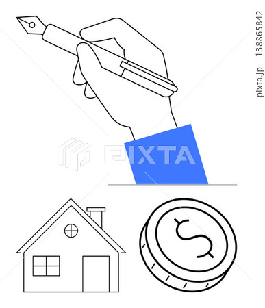 Financial decisions, real estate, savings, mortgages, investments, business planning. A hand holds a pen above a house outline and a dollar coin icon. Financial decisions and real estate 138865842