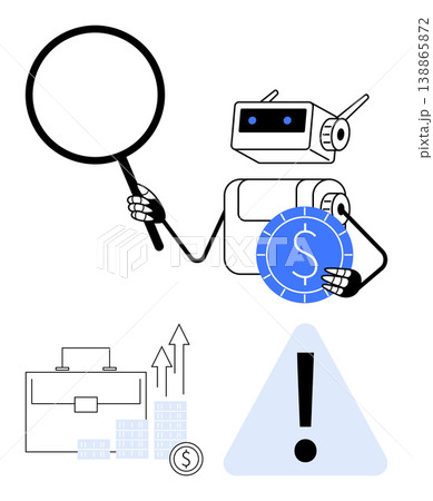 Automation, financial analysis, artificial intelligence, data monitoring, risk assessment, investment strategy. Robot holding a magnifying glass and a coin. Financial analysis and data monitoring 138865872