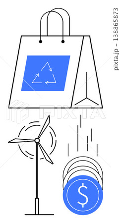 Sustainability, renewable energy, eco-shopping, green finance, environmental conservation, economic growth. Shopping bag with recycling symbol, wind turbine falling coins. Sustainability 138865873