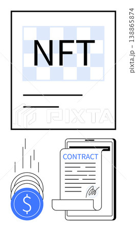 Cryptocurrency, blockchain, digital ownership, smart contracts, online transactions, digital assets. Composition includes an NFT label, coins and a digital contract. Cryptocurrency and blockchain 138865874
