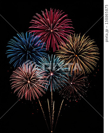 夜空を彩る色鮮やかな打ち上げ花火の競演 - お祝い・夏祭り・和風イメージ、黒背景素材 138865875