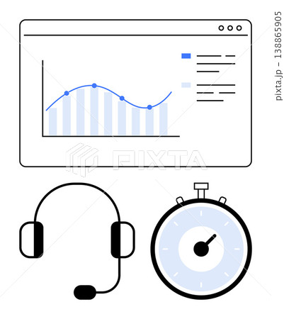 Business analytics, customer support, time management, productivity tools, communication solutions, performance analysis. Line graph, headset and stopwatch icons . Customer support and time 138865905