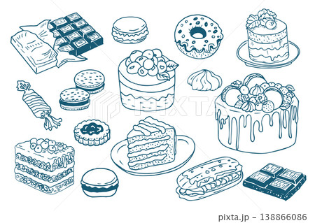 Hand drawn vintage desserts set. Dolce vita food illustration in mediterranean blue style perfect for cafe or restaurant menus design. 138866086