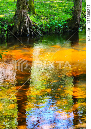 Clear river water flowing through lush green summer landscape Clear river water flowing through lush green summer landscape 138866241