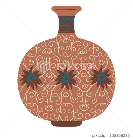 Elegant traditional Asian wide vase, vector brown porcelain or clay tableware, vintage oriental pottery floral ornaments Elegant traditional Asian wide vase, vector brown porcelain or clay tableware, vintage oriental pottery floral ornaments 138866259