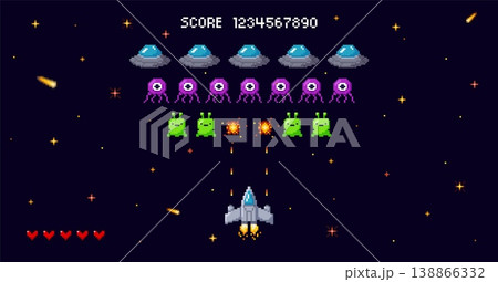 A pixelated space background for an arcade game with a ship shooting at aliens in a starry sky. A pixelated space background for an arcade game with a ship shooting at aliens in a starry sky. 138866332