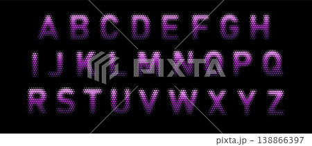 Uppercase letters of English alphabet, vector purple halftone dotted pattern effect typeface, retro pixel font on black Uppercase letters of English alphabet, vector purple halftone dotted pattern effect typeface, retro pixel font on black 138866397