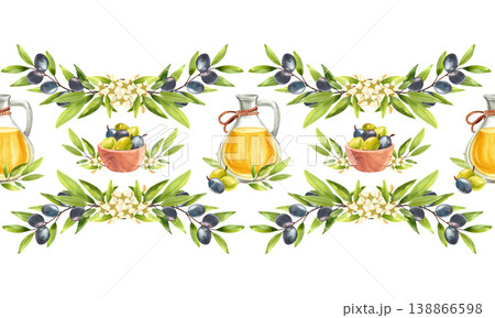 Olive oil in a glass jug with a wooden bowl of olives, watercolor seamless border. Hand drawn frame with green branches and leaves with flowers for menu design, farm shop, and postcards. Olive oil in a glass jug with a wooden bowl of olives, watercolor seamless border. Hand drawn frame with green branches and leaves with flowers for menu design, farm shop, and postcards. 138866598