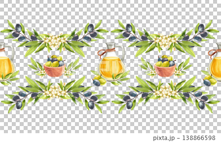 Olive oil in a glass jug with a wooden bowl of olives, watercolor seamless border. Hand drawn frame with green branches and leaves with flowers for menu design, farm shop, and postcards. Olive oil in a glass jug with a wooden bowl of olives, watercolor seamless border. Hand drawn frame with green branches and leaves with flowers for menu design, farm shop, and postcards. 138866598