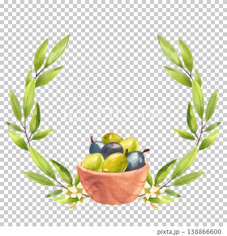 Wooden plate with green and dark olives, watercolor wreath. Hand drawn frame with southern greenery and Mediterranean food in rustic style for menu design, farm shop, cards Wooden plate with green and dark olives, watercolor wreath. Hand drawn frame with southern greenery and Mediterranean food in rustic style for menu design, farm shop, cards 138866600