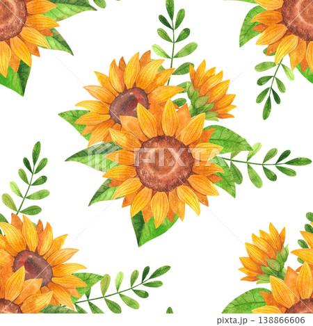 Colorful sunflowers with green leaves, watercolor seamless pattern. Hand drawn illustration of bright yellow flowers in a rustic style for fabric, mockups, cards, and prints. 138866606