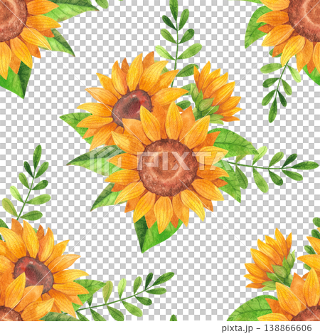 Colorful sunflowers with green leaves, watercolor seamless pattern. Hand drawn illustration of bright yellow flowers in a rustic style for fabric, mockups, cards, and prints. 138866606