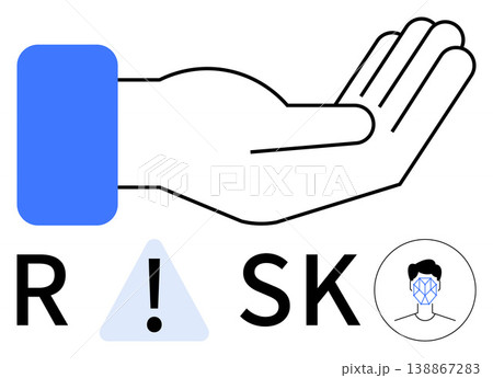 Security, digital identity, face recognition, data risks, cybersecurity, technology. Illustration of an open hand, risk warning icon and face detection graphic. Security and digital identity Security, digital identity, face recognition, data risks, cybersecurity, technology. Illustration of an open hand, risk warning icon and face detection graphic. Security and digital identity 138867283