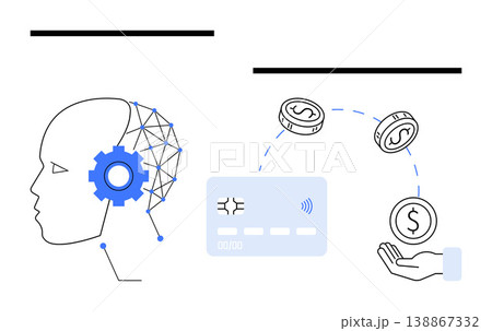 Artificial intelligence, fintech, digital payments, automation, neural network, innovation. A human silhouette with a gear and neural connections beside a card and coins. AI and fintech concepts Artificial intelligence, fintech, digital payments, automation, neural network, innovation. A human silhouette with a gear and neural connections beside a card and coins. AI and fintech concepts 138867332