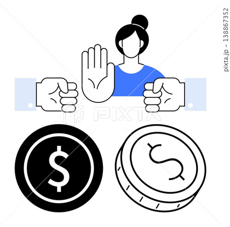 Financial management, caution, decision-making, risk control, rejection, savings. Woman with hand gesture stopping action, coins and fists. Financial management and caution concept 138867352
