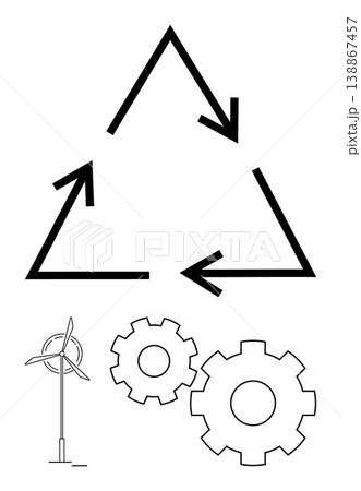 Renewable energy, sustainability, recycling, environmental engineering, circular economy, eco design. Recycling arrows, wind turbine gears . Recycling and sustainability concept Renewable energy, sustainability, recycling, environmental engineering, circular economy, eco design. Recycling arrows, wind turbine gears . Recycling and sustainability concept 138867457