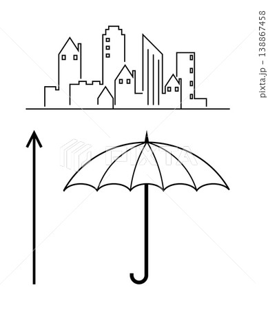 Urban planning, insurance, protection, growth, development, safety. Minimal city skyline, umbrella upward arrow. s urban planning and insurance concepts 138867458