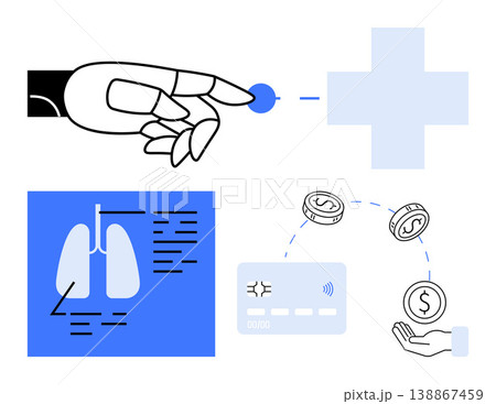Artificial intelligence, digital healthcare, financial transactions, modern technology, innovation, medical services. Robotic hand, lungs diagram and financial elements. Digital healthcare and AI Artificial intelligence, digital healthcare, financial transactions, modern technology, innovation, medical services. Robotic hand, lungs diagram and financial elements. Digital healthcare and AI 138867459