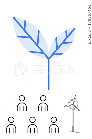 Environmental awareness, green technology, renewable energy solutions, sustainable development, eco-friendly practices, community engagement. A stylized leaf, people icons, and a wind turbine Environmental awareness, green technology, renewable energy solutions, sustainable development, eco-friendly practices, community engagement. A stylized leaf, people icons, and a wind turbine 138867461