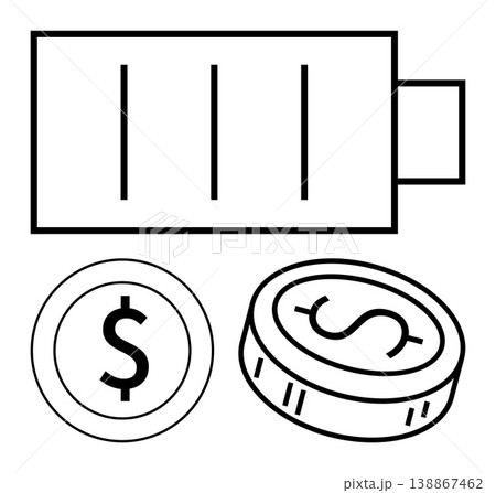 Energy savings, financial efficiency, renewable resources, budget management, sustainability, economy. Black and white battery with money coins. Energy savings and financial efficiency concept 138867462