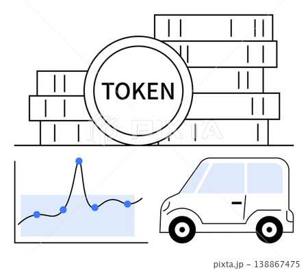 Cryptocurrency, digital currency, financial growth, blockchain economy, asset management, future finance. Stack of tokens, growth chart and car icon. Cryptocurrency and financial growth 138867475