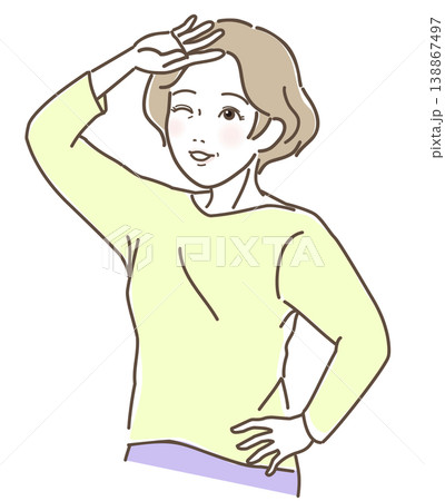 頭上に手をかざして日差しを遮る笑顔の中高年女性 眩しい表情のベクターイラスト 上半身 138867497