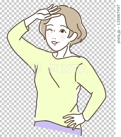 頭上に手をかざして日差しを遮る笑顔の中高年女性 眩しい表情のベクターイラスト 上半身 138867497