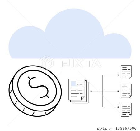 Cloud technology, data management, financial computing, digital transactions, data sharing, information processing. Coin symbol, cloud documents linked in hierarchy. Cloud technology and data Cloud technology, data management, financial computing, digital transactions, data sharing, information processing. Coin symbol, cloud documents linked in hierarchy. Cloud technology and data 138867606
