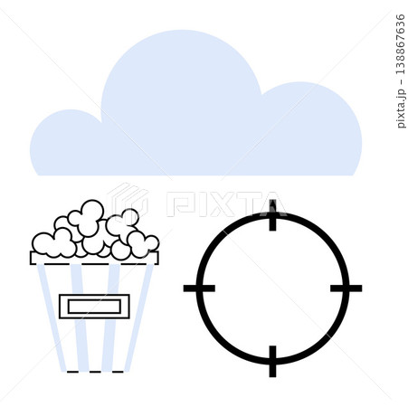 Multimedia, streaming, entertainment, precision, focus, data storage. Blue cloud, popcorn bucket and crosshair target. Multimedia and streaming concepts tied to entertainment and focus 138867636