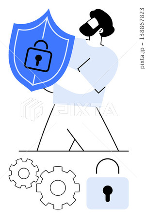 Data protection, cybersecurity, online safety, information security, secure systems, technology. Person holding a shield with a lock symbol, gears and padlock icons. Cybersecurity and online safety Data protection, cybersecurity, online safety, information security, secure systems, technology. Person holding a shield with a lock symbol, gears and padlock icons. Cybersecurity and online safety 138867823