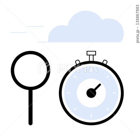 Time management, efficiency, online search, productivity, data analysis, cloud technology. Stopwatch with magnifying glass and cloud. Time management and efficiency ion Time management, efficiency, online search, productivity, data analysis, cloud technology. Stopwatch with magnifying glass and cloud. Time management and efficiency ion 138867883