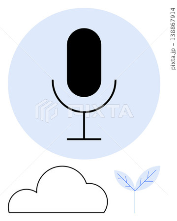 Voice technology, cloud storage, podcasting, eco-friendly innovation, audio streaming, tech branding. A microphone icon with a cloud and leaf illustration. Voice technology and cloud storage concepts 138867914