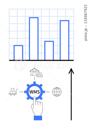 Logistics, supply chain management, business efficiency, warehouse tracking, e-commerce operations, inventory control. Bar chart with WMS gear, cart warehouse and upward arrow. Logistics and supply Logistics, supply chain management, business efficiency, warehouse tracking, e-commerce operations, inventory control. Bar chart with WMS gear, cart warehouse and upward arrow. Logistics and supply 138867925