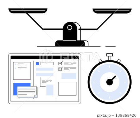 Business efficiency, time management, workflow optimization, digital tools, project planning, productivity. Icons of scales, a digital interface and a stopwatch. Business efficiency and time Business efficiency, time management, workflow optimization, digital tools, project planning, productivity. Icons of scales, a digital interface and a stopwatch. Business efficiency and time 138868420