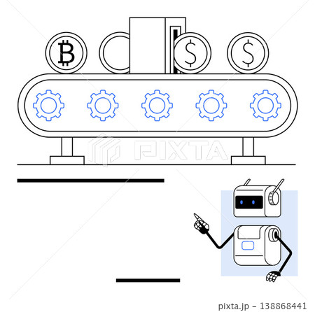 Financial innovation, cryptocurrency, automation, fintech, AI applications, blockchain. Conveyor belt with currency symbols and robot assistant. Cryptocurrency and financial innovation concept 138868441