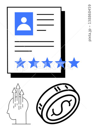 Employee evaluation, career growth, financial performance, talent recruitment, business strategy, team management. Profile with ratings, upward arrows and a dollar coin. Career growth and financial 138868459