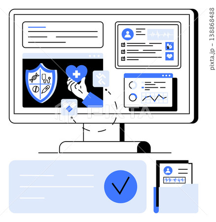 Telemedicine, health technology, secure data, medical records, online diagnosis, digital security. Computer screen with health icons, charts and patient data. Telemedicine and health technology 138868488