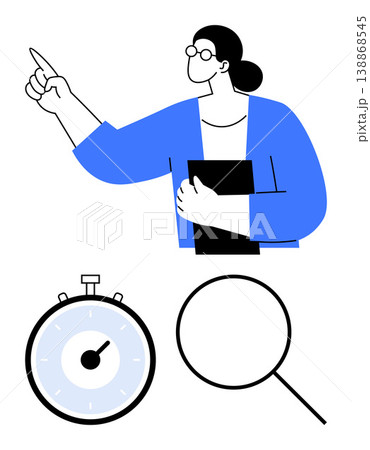 Leadership, time management, research, business strategy, analysis, problem-solving. Stylized figure pointing, stopwatch magnifying glass. Leadership and time management concept Leadership, time management, research, business strategy, analysis, problem-solving. Stylized figure pointing, stopwatch magnifying glass. Leadership and time management concept 138868545