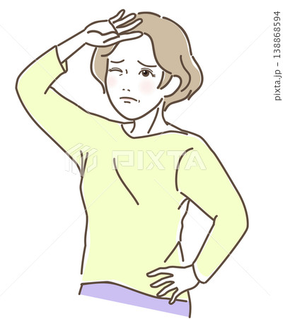 眩しさに顔をしかめて頭上に手をかざす中高年女性 強い日差しと紫外線対策のベクターイラスト 眩しさに顔をしかめて頭上に手をかざす中高年女性 強い日差しと紫外線対策のベクターイラスト 138868594